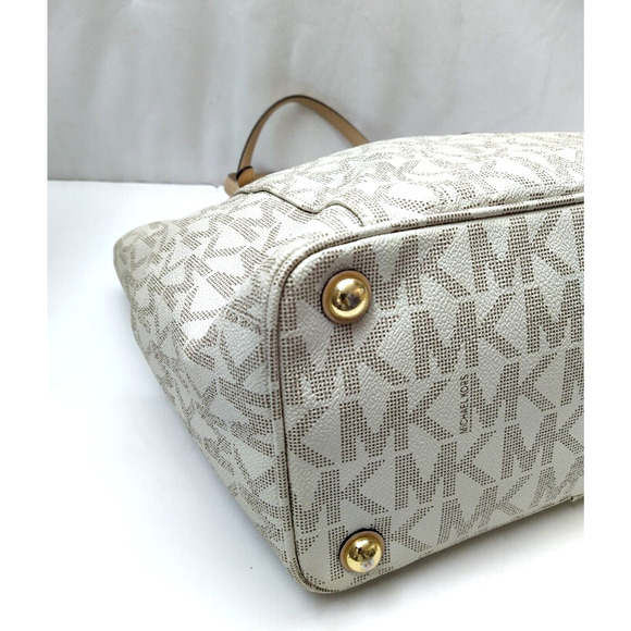 Michael Kors Jet Set Gray Crossgrain Leather MK Printed Pocket Tote Shoulder Bag - Picture 8 of 16